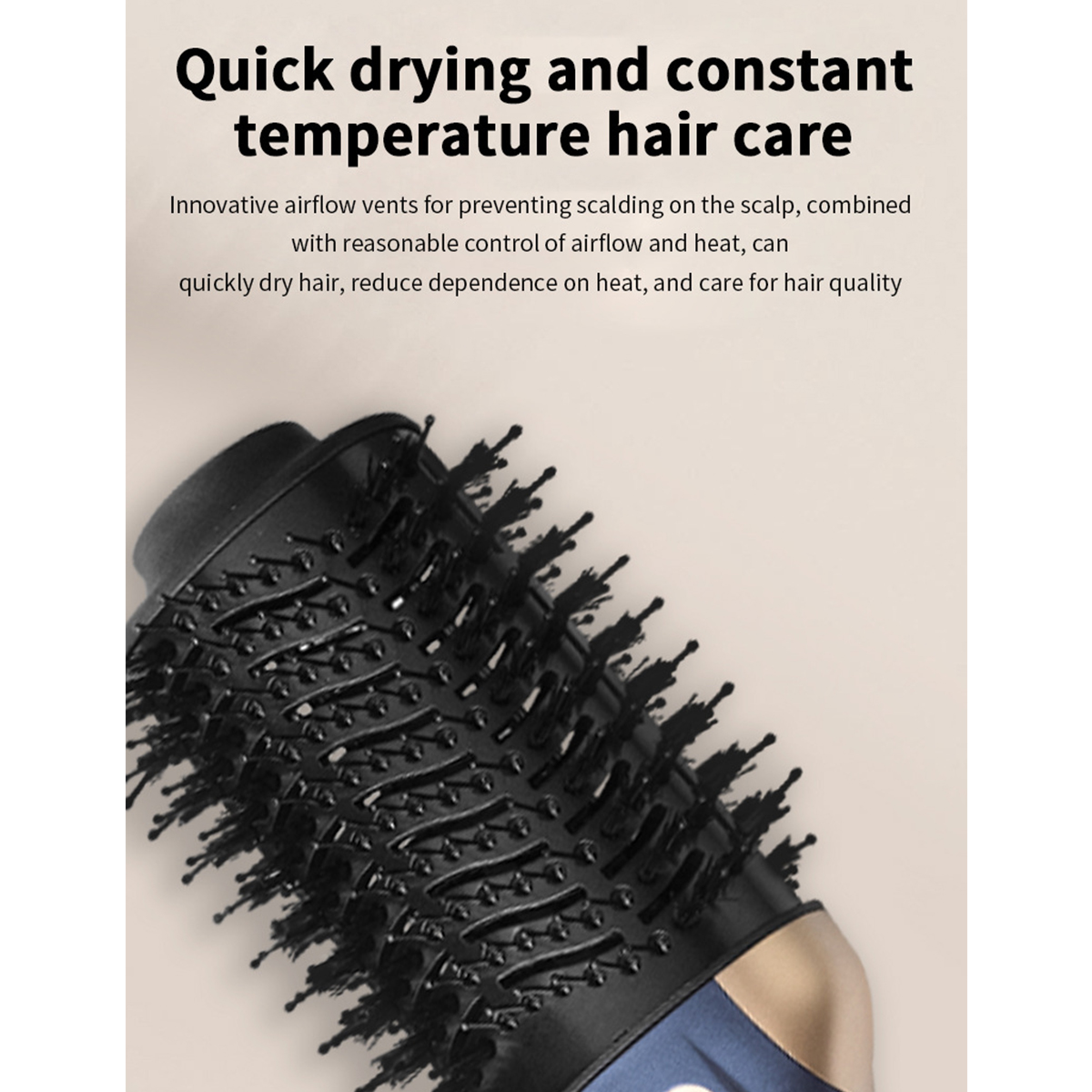 Nahaufnahme einer schwarzen Haartrocknerbürste mit Text zum Trocknen der Haare.