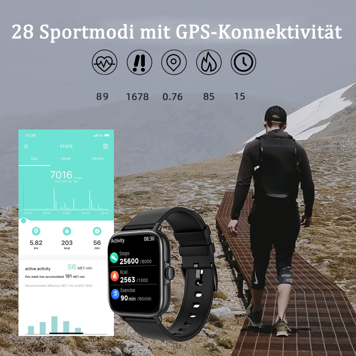 Ein Mann in schwarzer Kleidung und eine Smartwatch geht über eine Brücke.