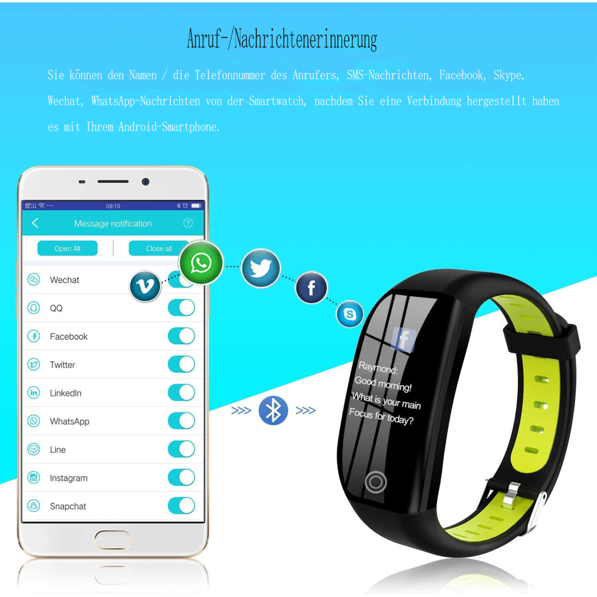 Schwarzes Smartband mit grün-gelbem Innenraum. Ein Smartphone zeigt Benachrichtigungen von mehreren Apps an.