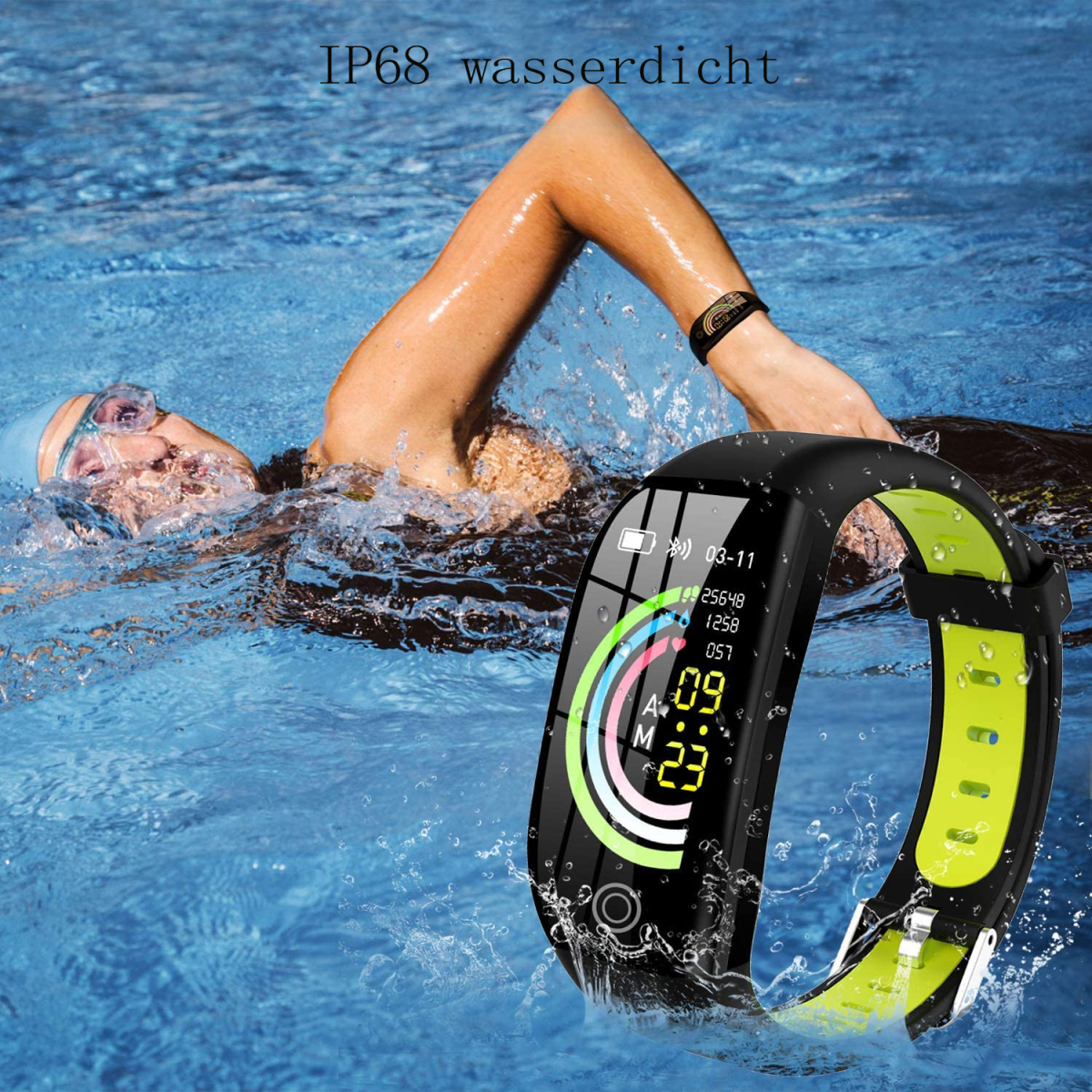 Person schwimmt mit einer Smartwatch im Pool, die die Zeit anzeigt.