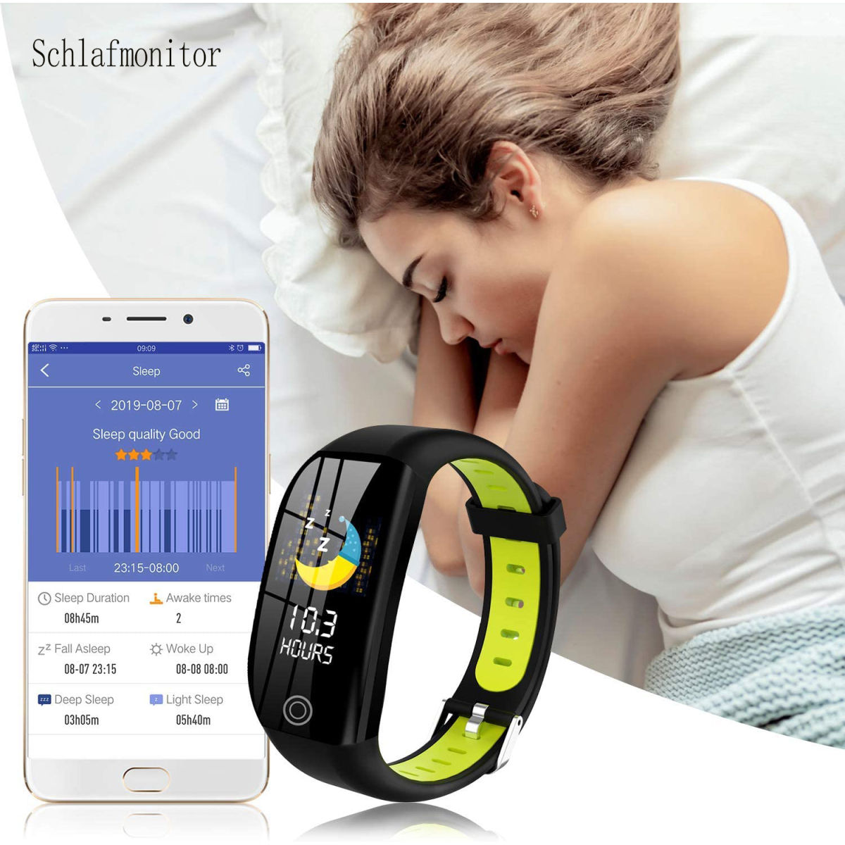Schlafende Frau mit einem Schlaf-Tracker-Armband am Handgelenk und einem Smartphone mit Schlafdaten daneben.
