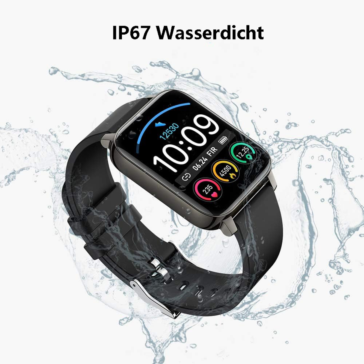 Eine schwarze Smartwatch mit schwarzem Armband, Wassertropfen drumherum. Der Bildschirm zeigt Zeit und Gesundheitsdaten.