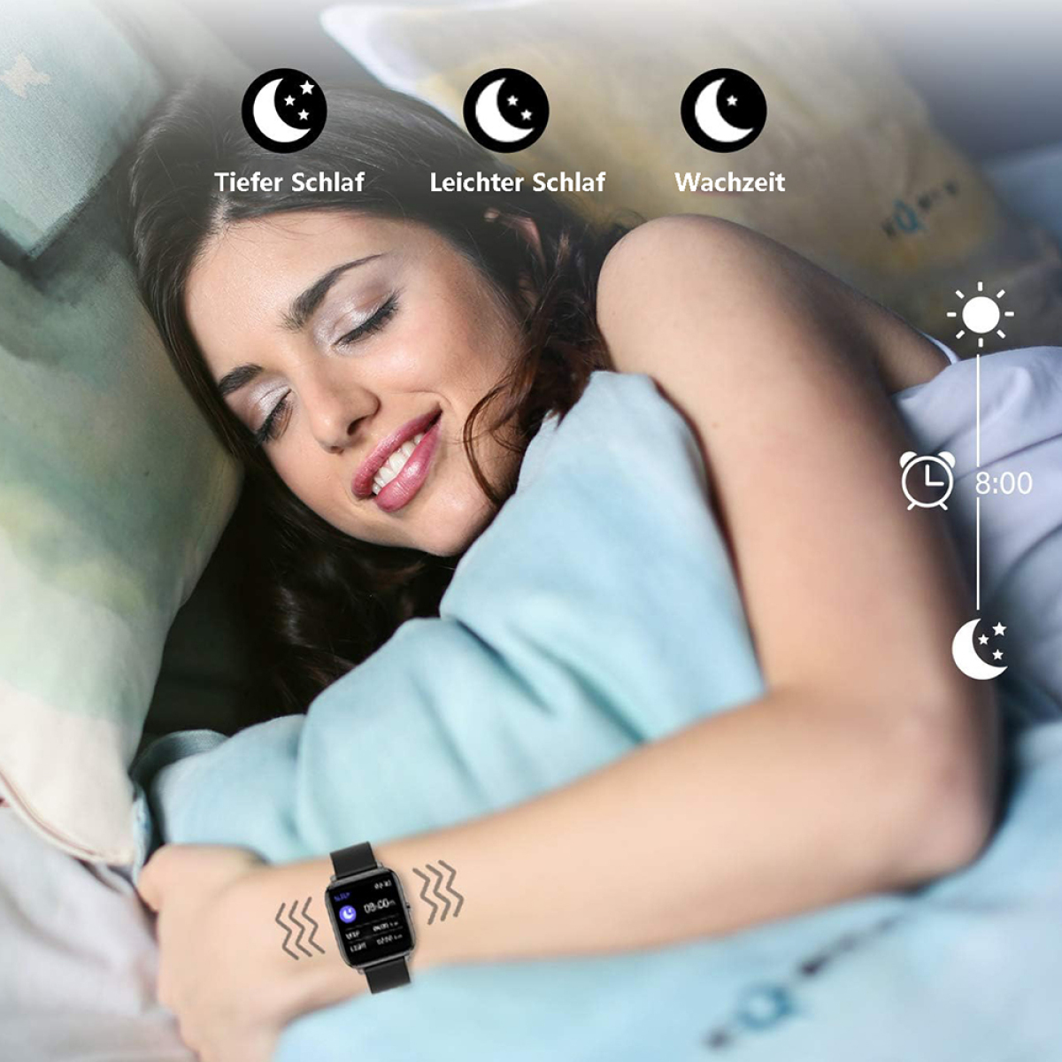 Schlafende Frau im Bett, trägt eine Smartwatch, die Schlafphasen verfolgt. Text zeigt Tiefschlaf, Leichter Schlaf, Wachzeit.