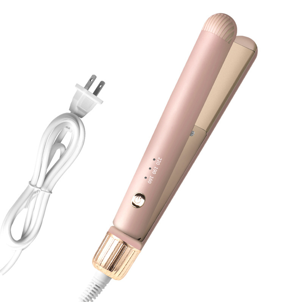 Ein rosa Glätteisen mit weißem Netzkabel und US-Stecker auf weißem Hintergrund.