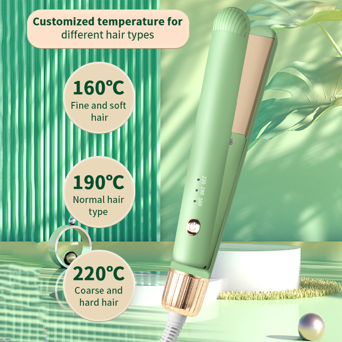 Grünes Glätteisen mit Temperatureinstellungen. Text zeigt Hitzestufen an.