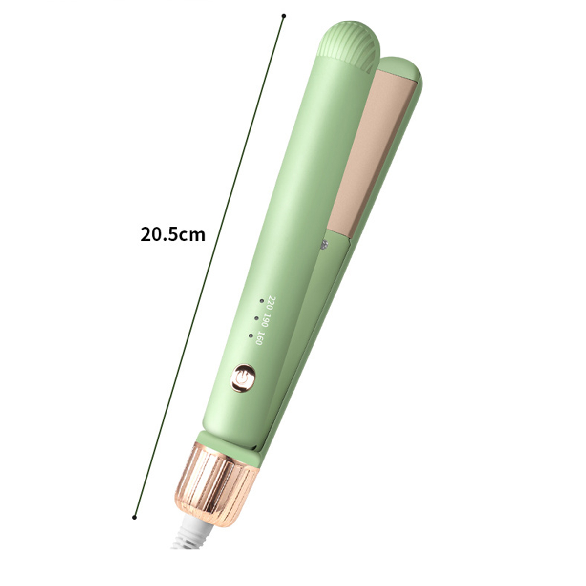 Minzgrüner Haarglätter mit goldenen Akzenten, zeigt 20,5 cm Länge und Temperatureinstellungen.