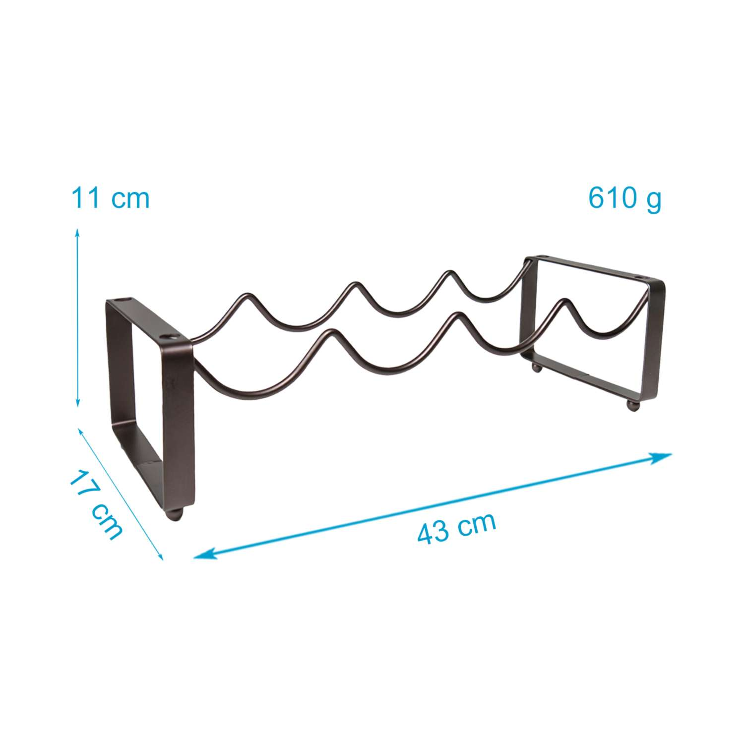 Weinregal mit Maßen und Gewicht. Maße: 11 cm, 17 cm, 43 cm und 610 g.
