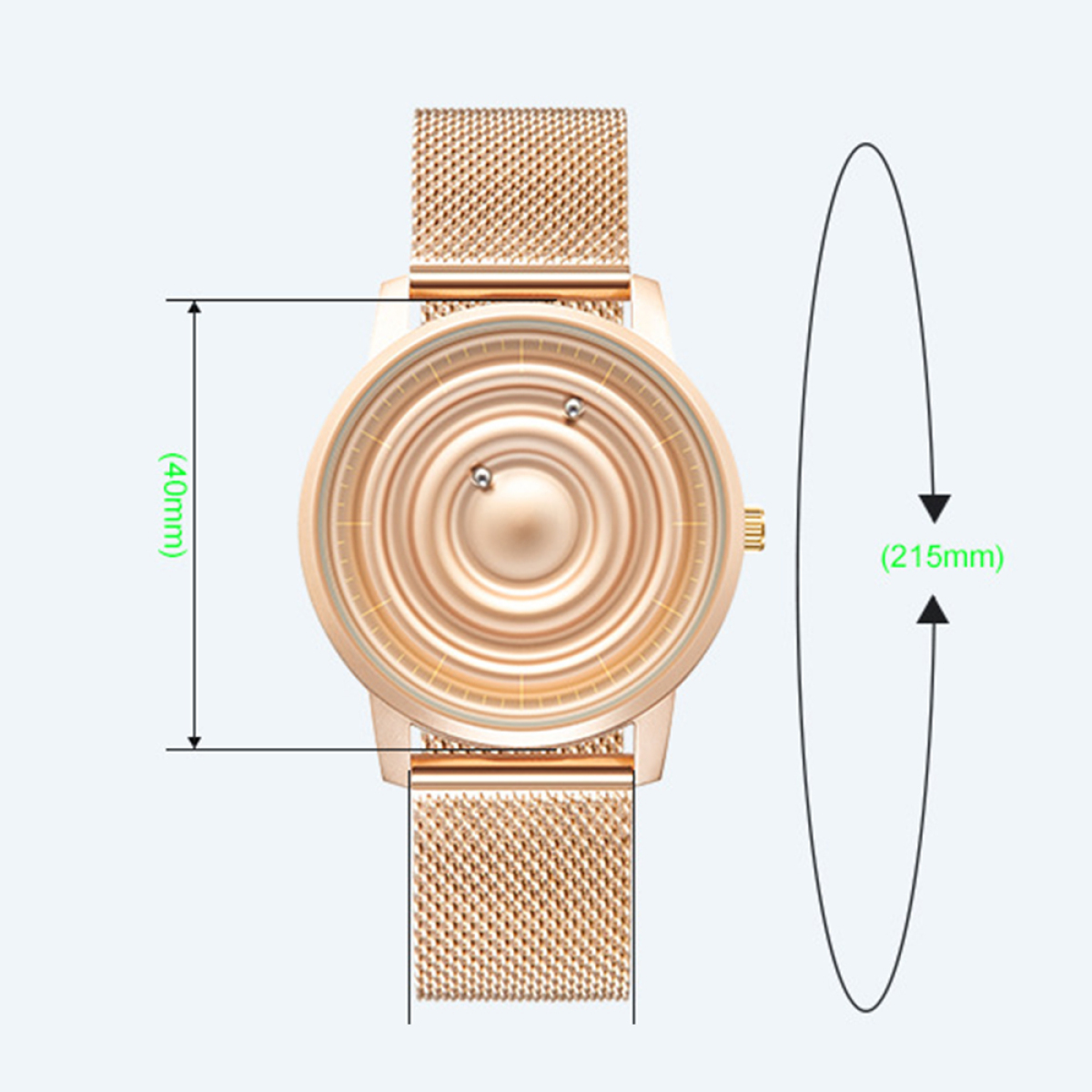 Eine goldene Uhr mit Mesh-Armband. Abmessungen werden mit Pfeilen und Text angegeben.