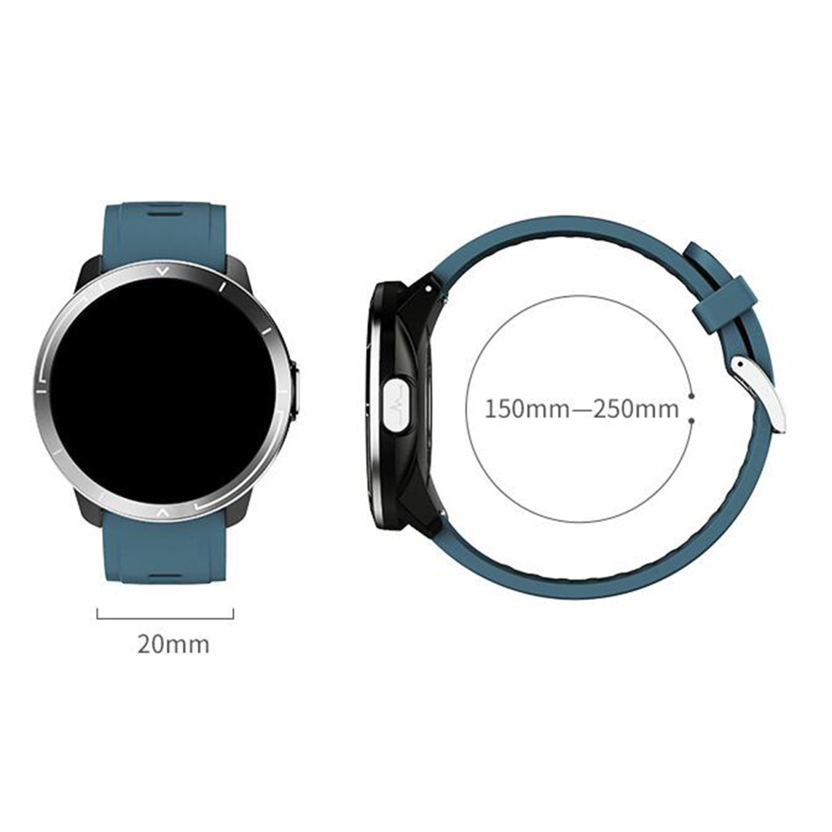 Smartwatch in zwei Ansichten: Vorder- und Seitenansicht, mit Maßen auf weißem Hintergrund.