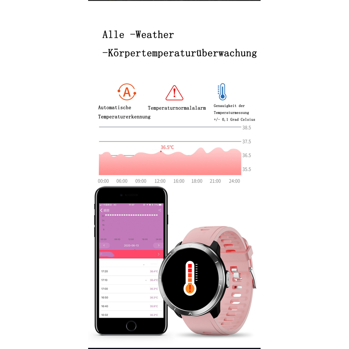 Eine Smartwatch mit pinkfarbenem Armband, ein Smartphone mit Temperaturdaten und Text auf Deutsch.