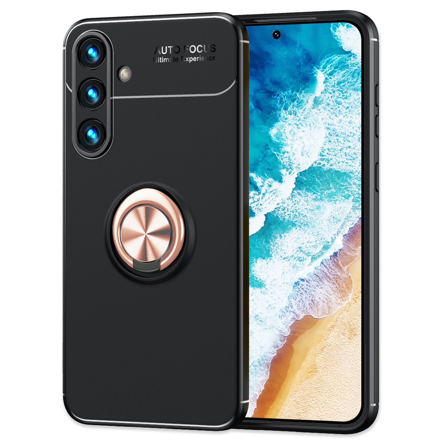 Funda negra para teléfono con soporte de anillo. Tiene múltiples cámaras. Soporte de anillo plateado.