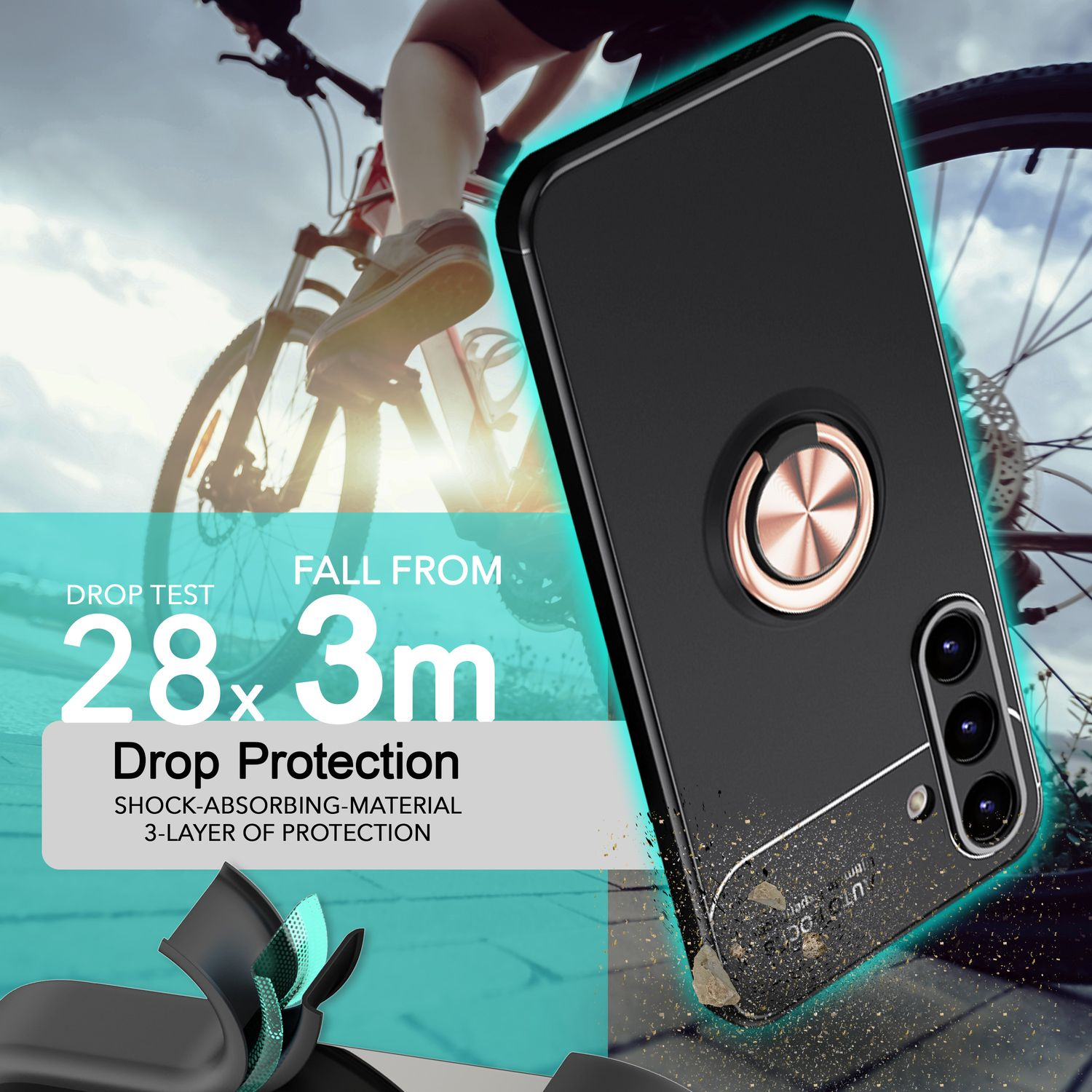 Una funda negra para teléfono con soporte de anillo, mostrada contra un fondo de bicicleta. La funda es a prueba de caídas.