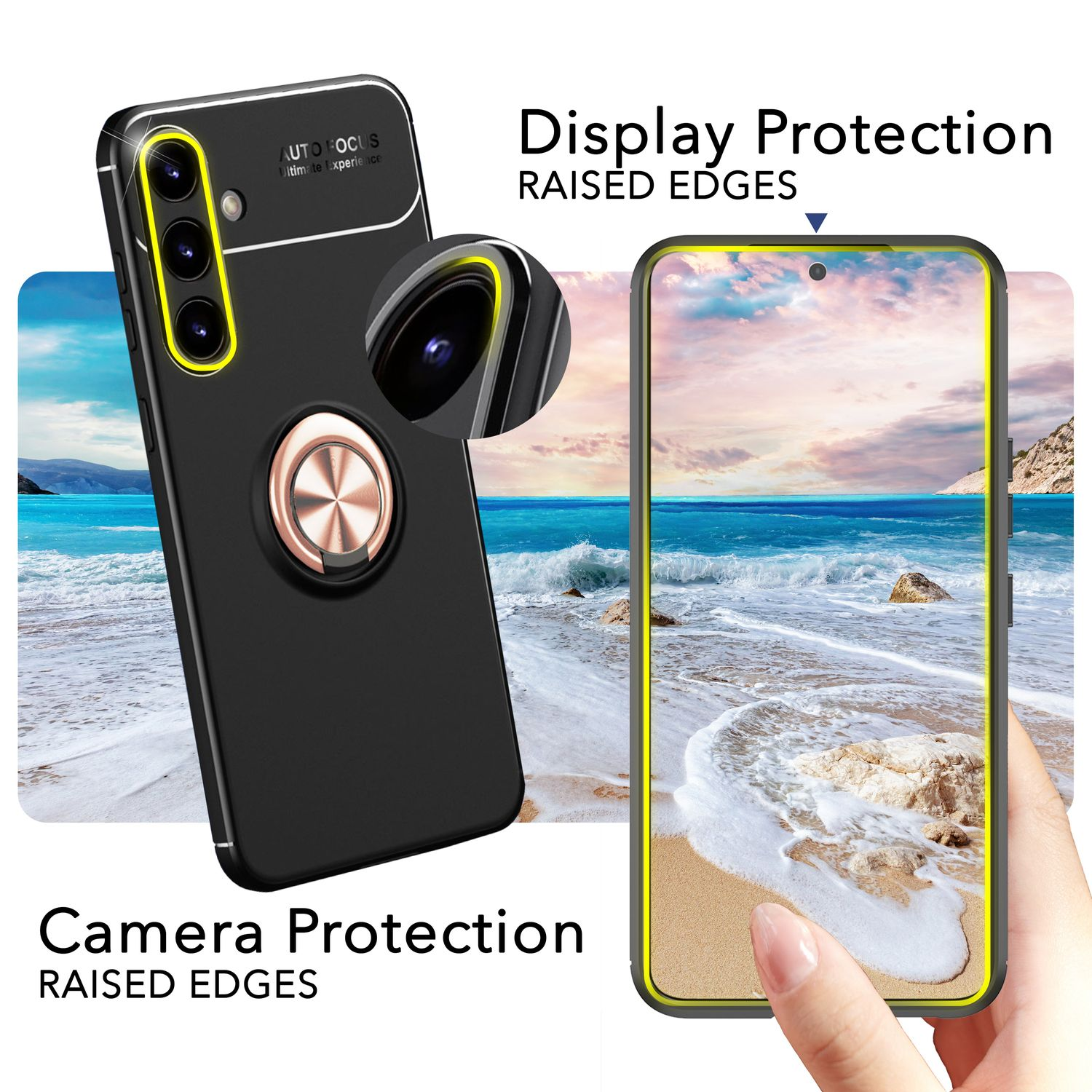 Funda de teléfono negra con protección de cámara y pantalla, con un fondo de playa.