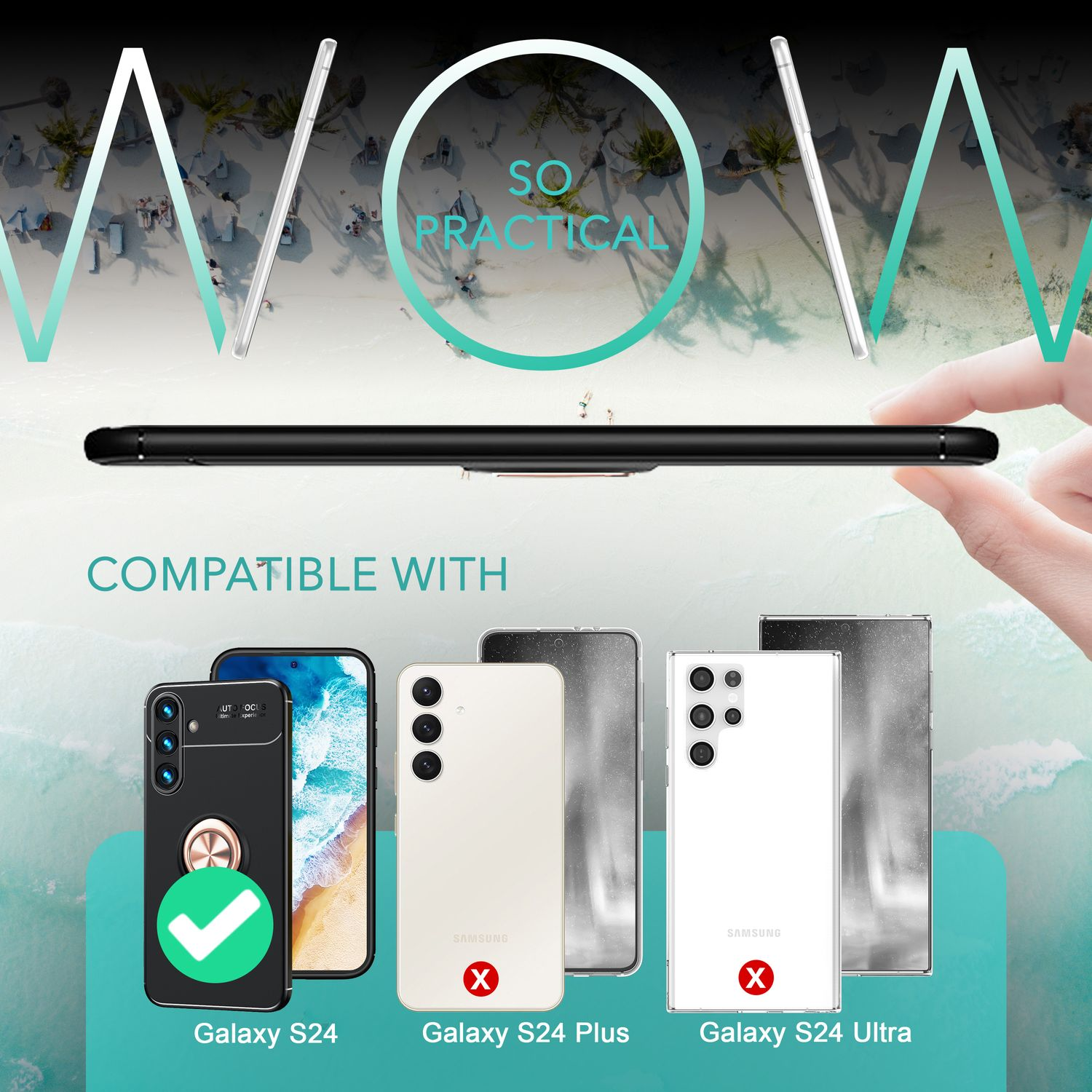 Teléfono en funda negra, compatible con Galaxy S24, otros mostrados no compatibles.