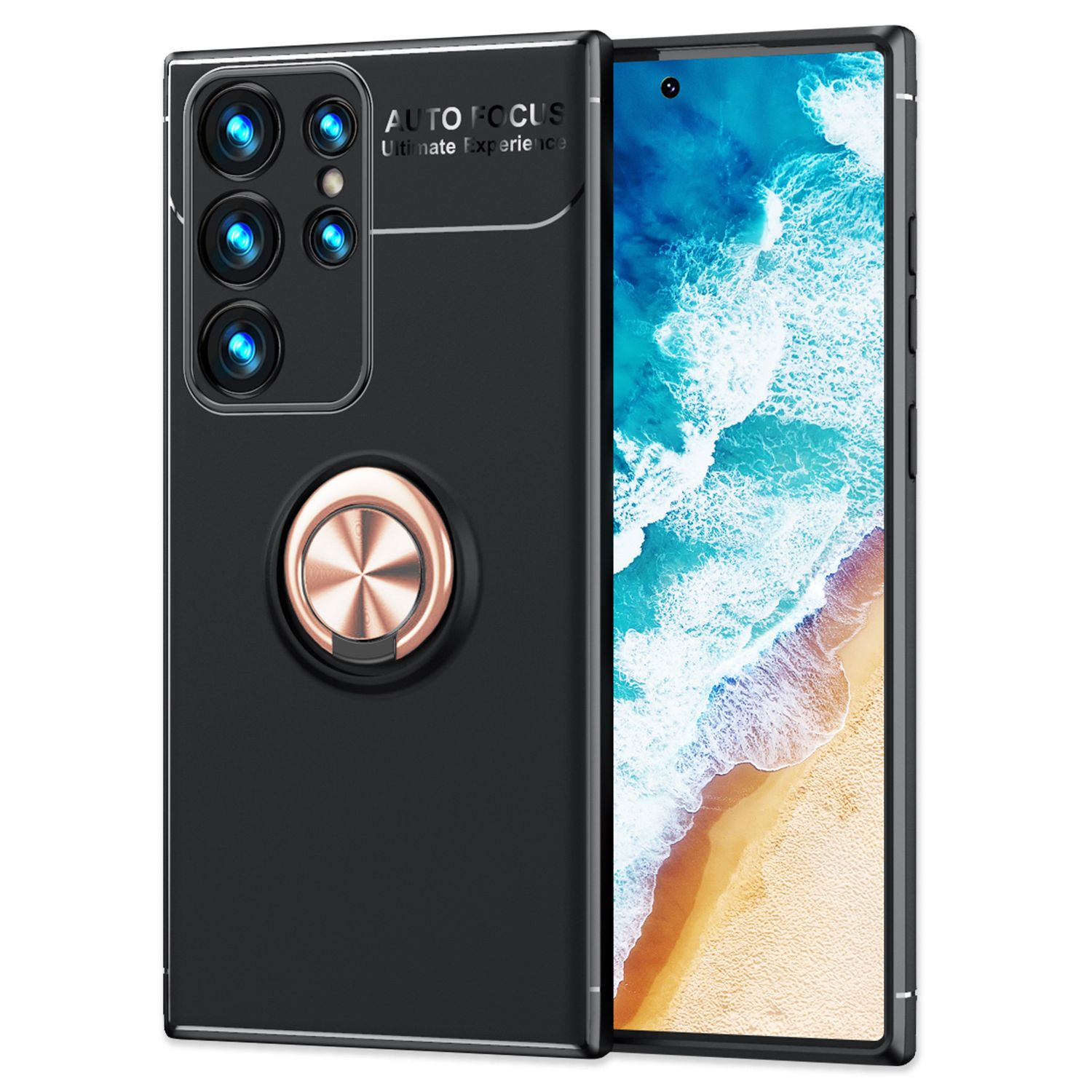 Funda negra para teléfono con protuberancia para cámara y anillo dorado, teléfono visible.