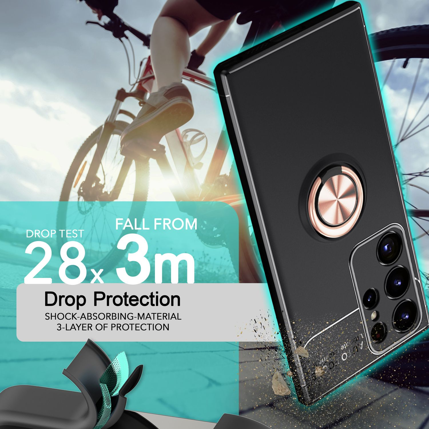 Una funda de teléfono con un teléfono dentro. Se muestran en la imagen detalles de material amortiguador y pruebas de caída.