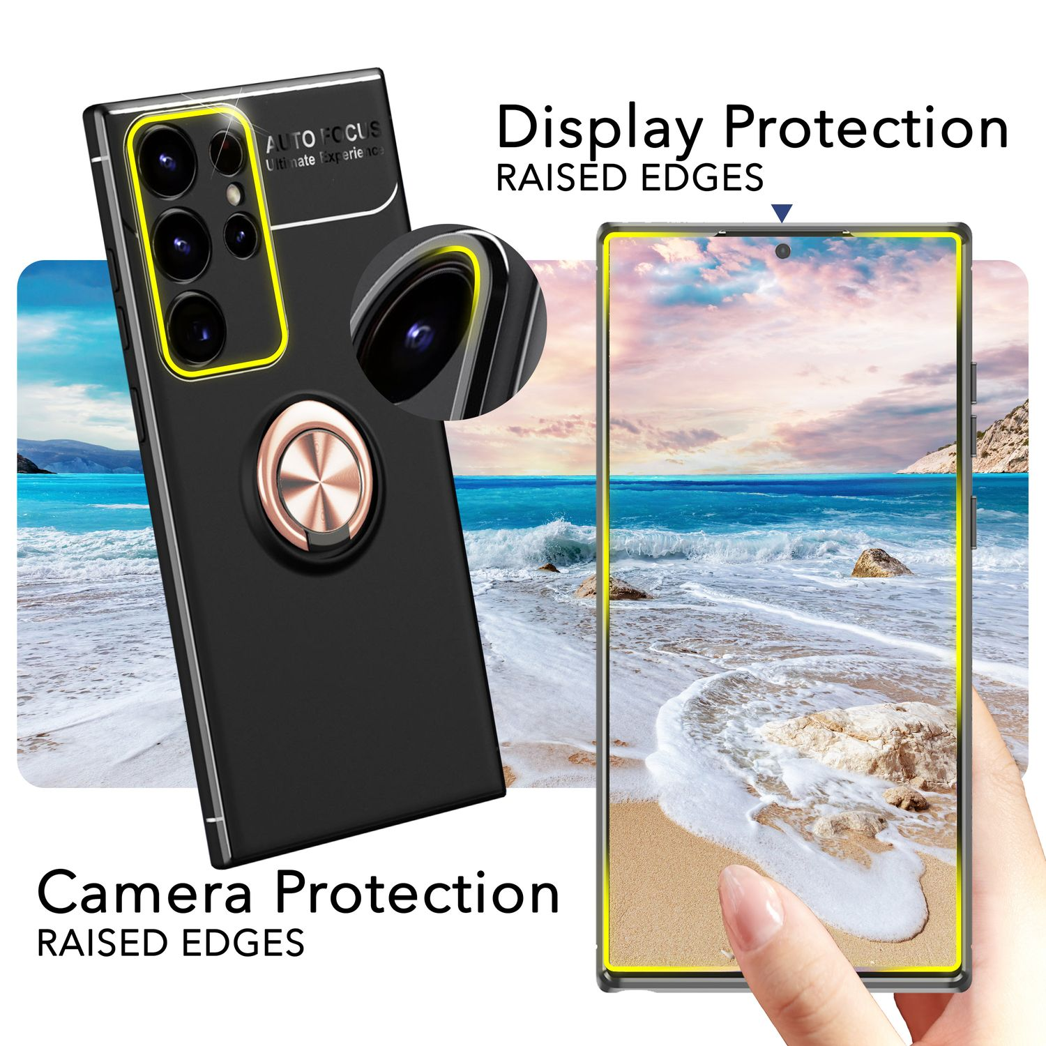 Funda negra para teléfono con protección de cámara y pantalla. Teléfono sobre fondo de playa.