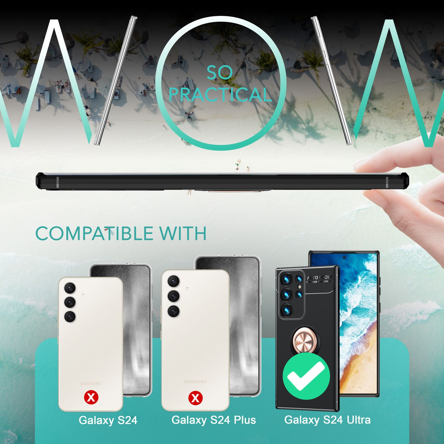 Funda de teléfono con texto de compatibilidad, teléfono negro con anillo.