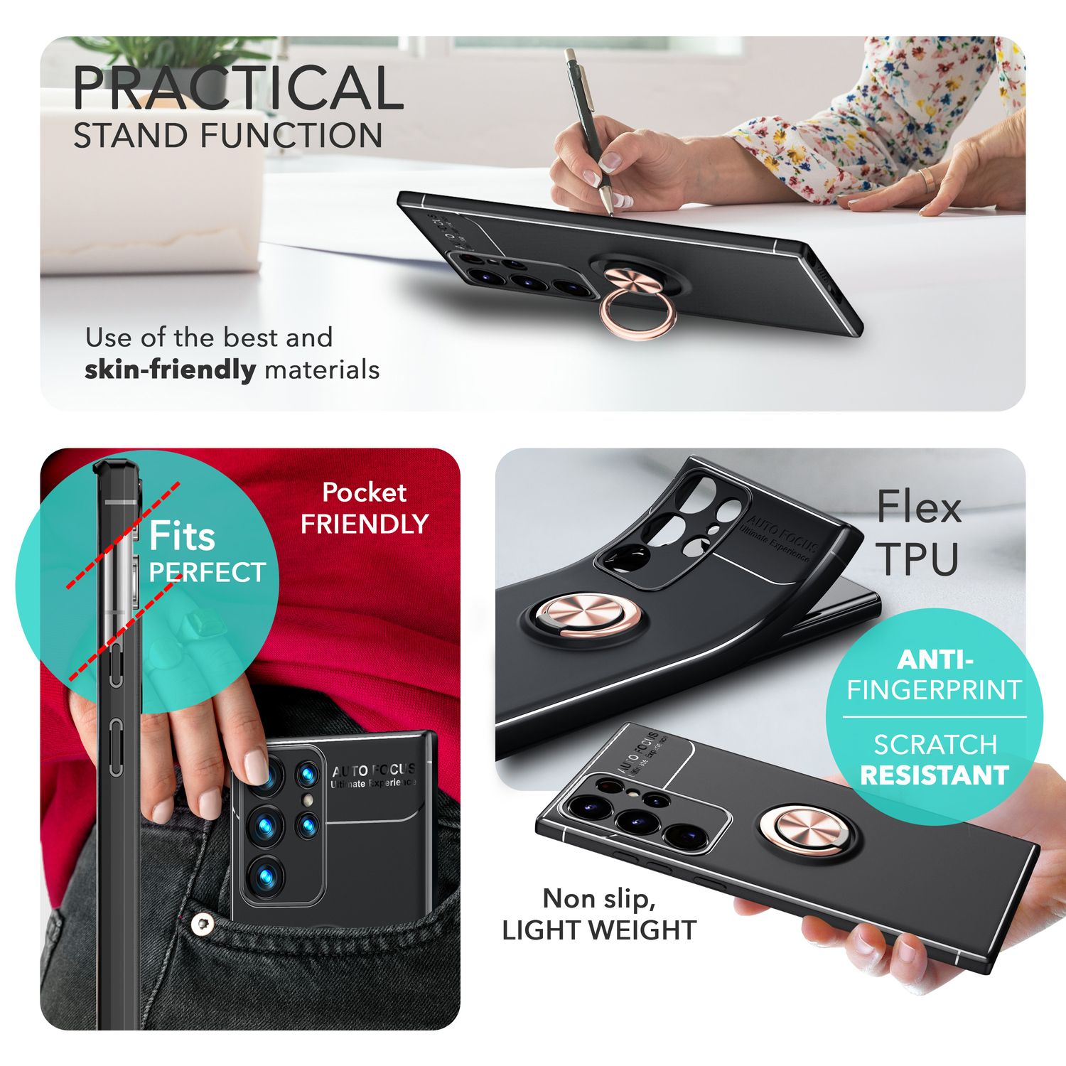 Funda negra para teléfono con soporte de anillo. Diseño de bolsillo y resistente a arañazos.