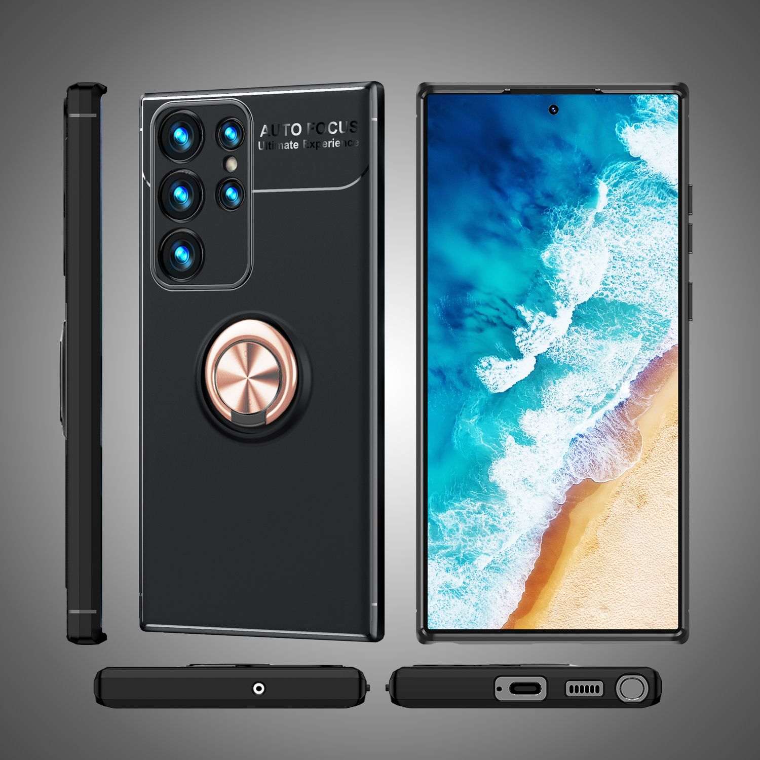 Funda negra para teléfono con anillo dorado rosa, múltiples vistas, mostrando cámara y botones.