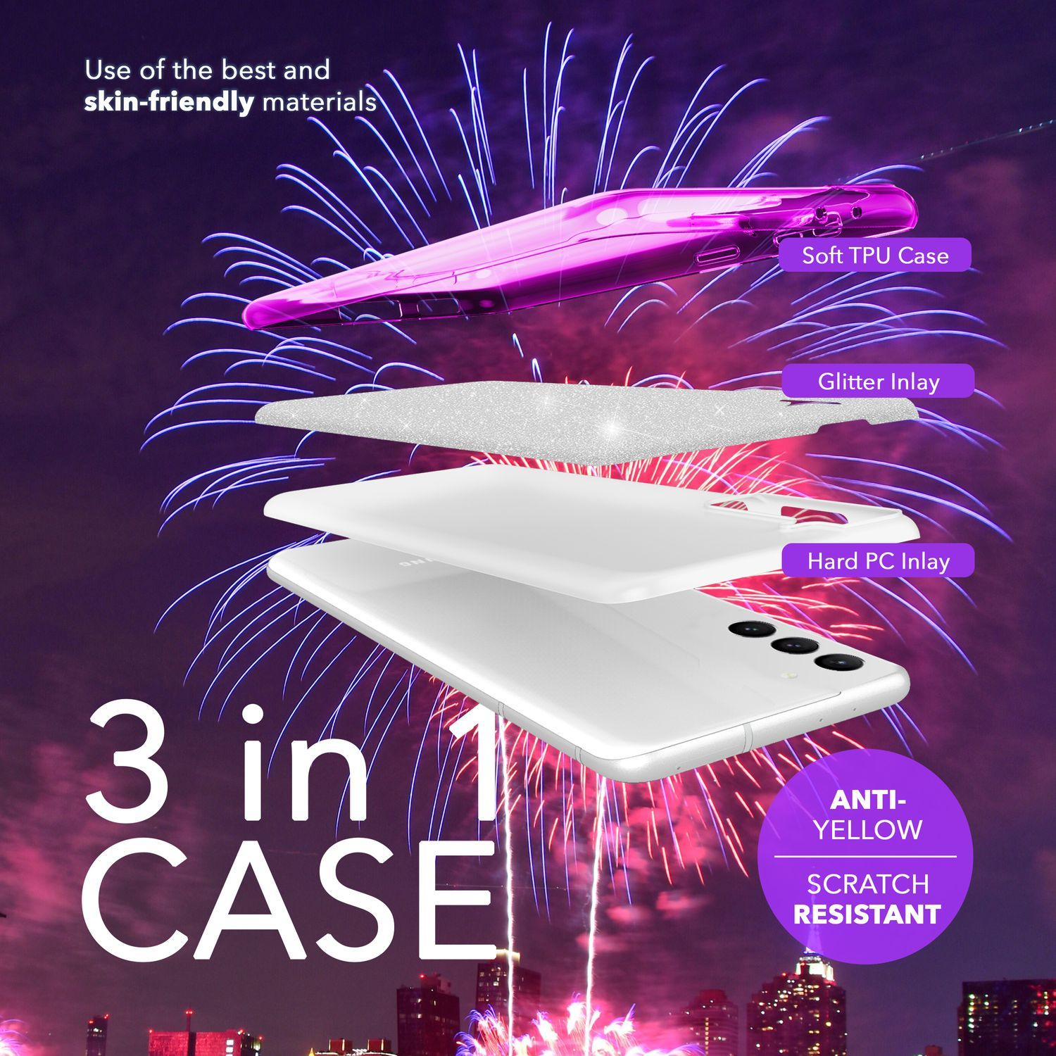 Eine Handyhülle mit 3-in-1-Design wird mit Feuerwerk angezeigt. Text besagt, dass sie gelb- und kratzfest ist.