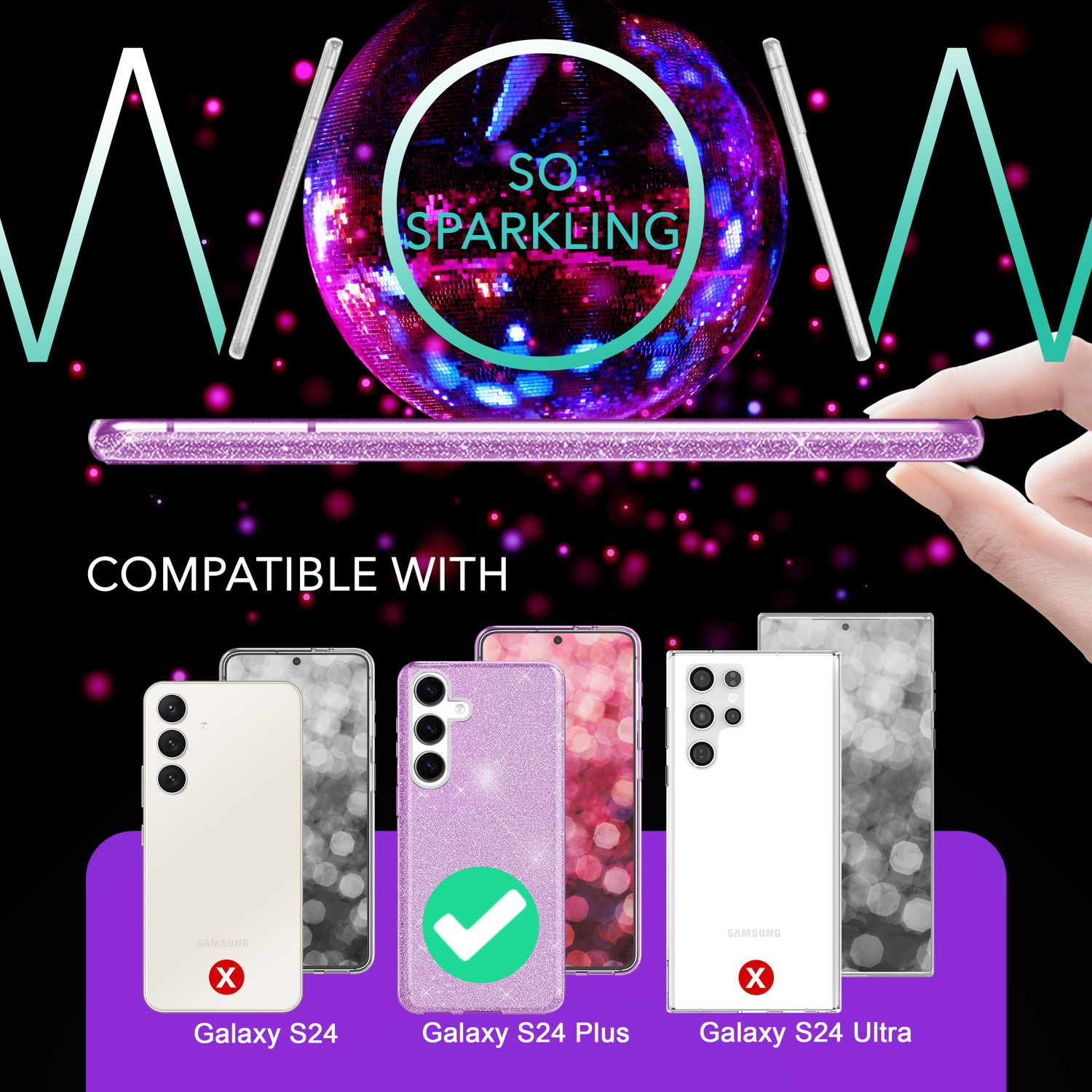 Mehrere Samsung-Telefone, mit einer grün abgehakten Hülle auf dem Galaxy S24 Plus und anderen mit roten X-Markierungen.