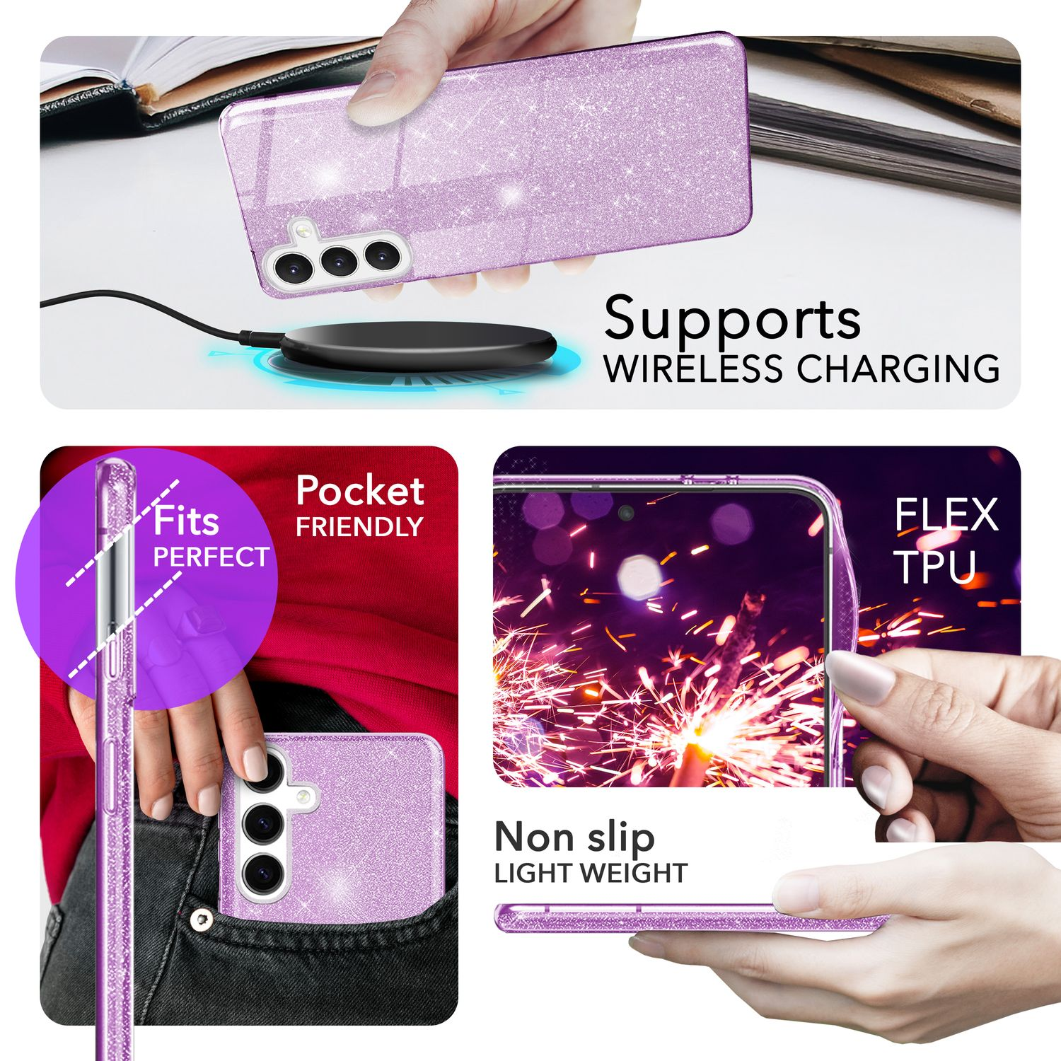 Glitzernde lila Handyhülle mit Handy, kabellosem Ladepad und in einer Tasche. Rutschfest und leicht.