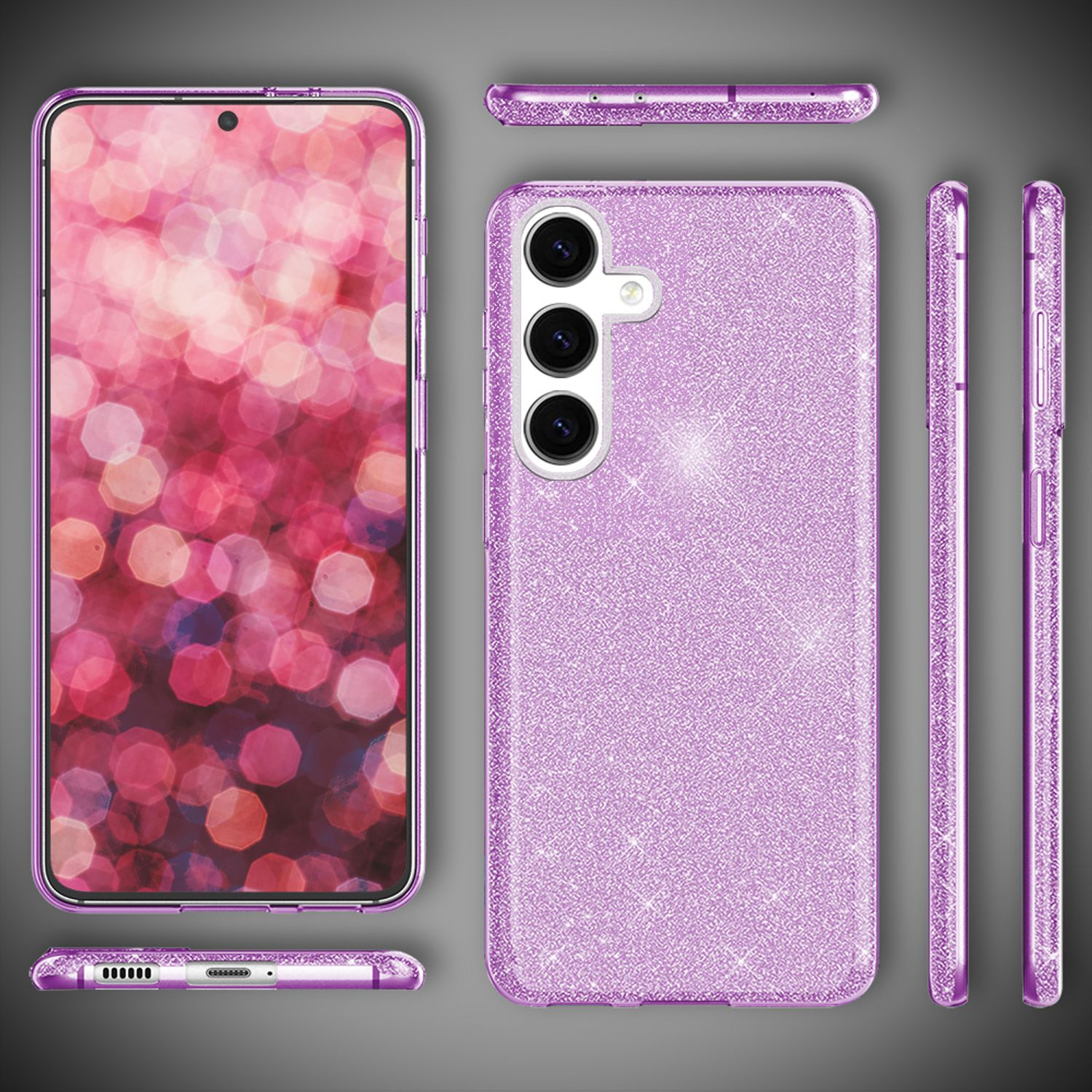 Lila Glitzer-Handyhülle mit Telefon. Verschiedene Winkel gezeigt.