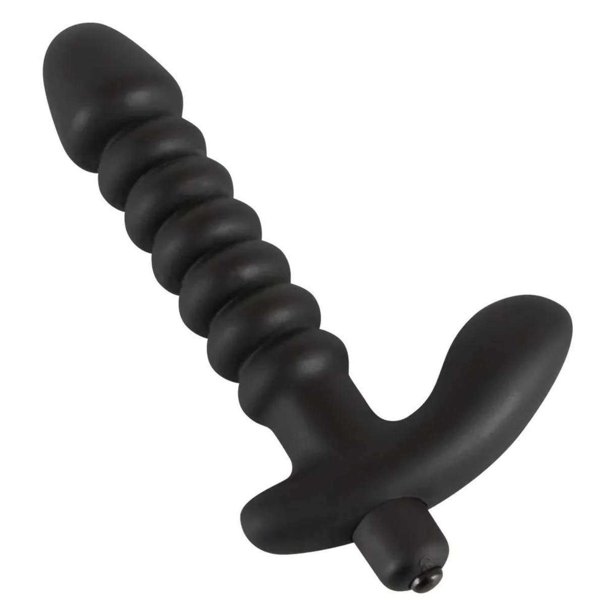 Ein schwarzes Sexspielzeug mit gebogenem Griff und einer Reihe von Noppen entlang des Schafts.