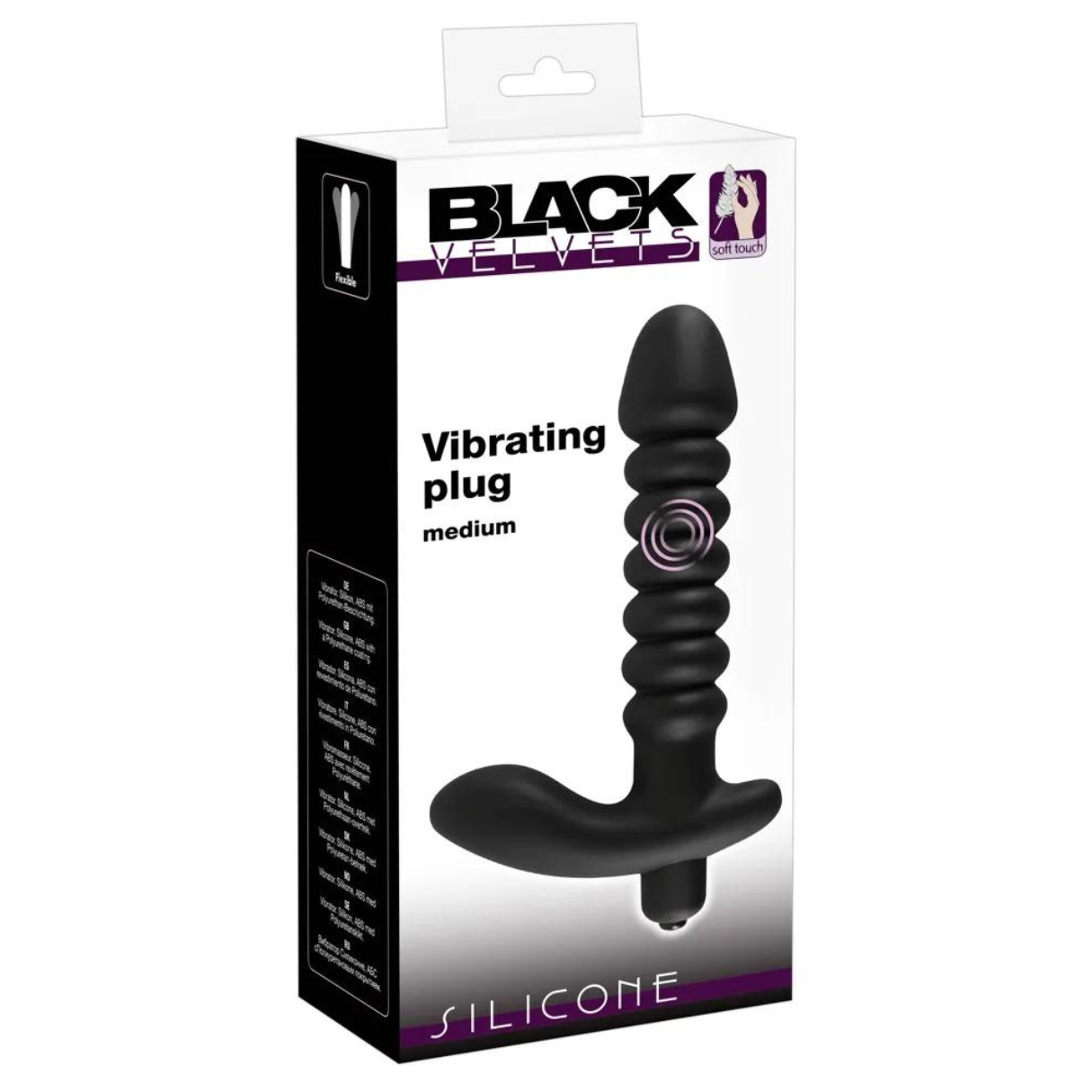 Schwarzer Vibrator in einer Box, schwarz-weiße Verpackung, Produktname und Silikonmaterial.