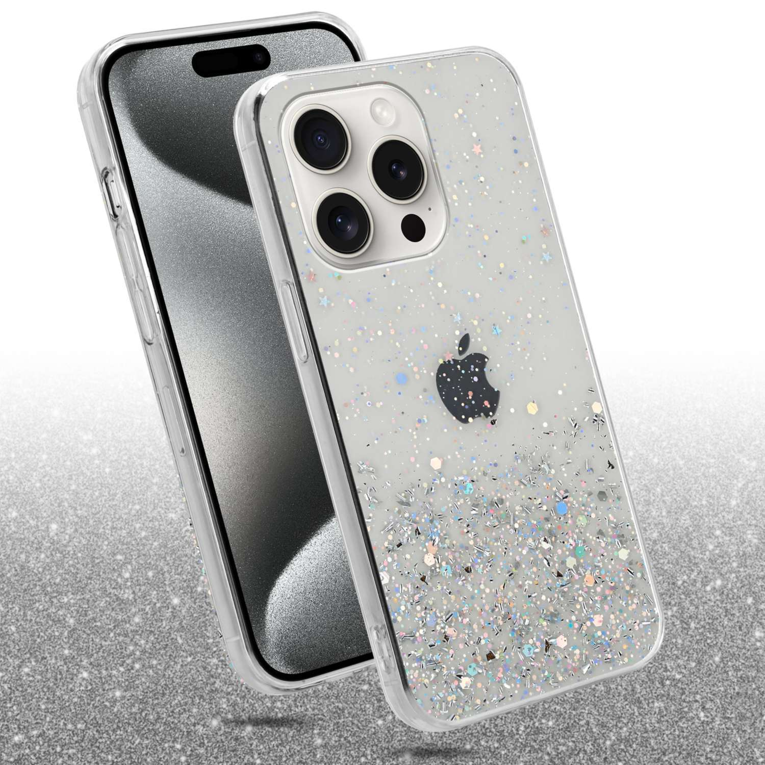 CADORABO Glitter Transparent iPhone Apple, 15 Schutzhülle mit funkelnden Glitter, Backcover, MAX, PRO mit