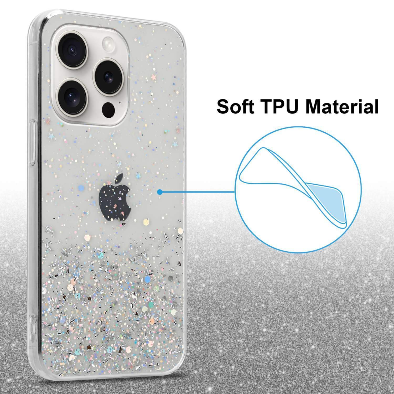 Transparente Handyhülle mit Glitzer. Apple-Logo auf der Rückseite.