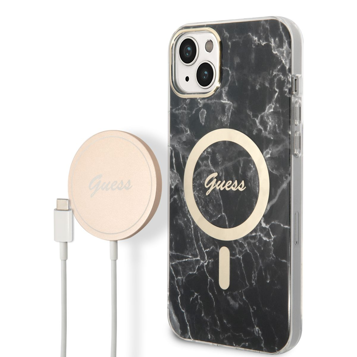 GUESS Marble Case, Schwarz Design Plus, 14 Apple, MagSafe iPhone Backcover