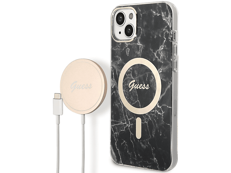 GUESS Marble MagSafe Design Case, Backcover, Apple, iPhone 14 Plus, Schwarz