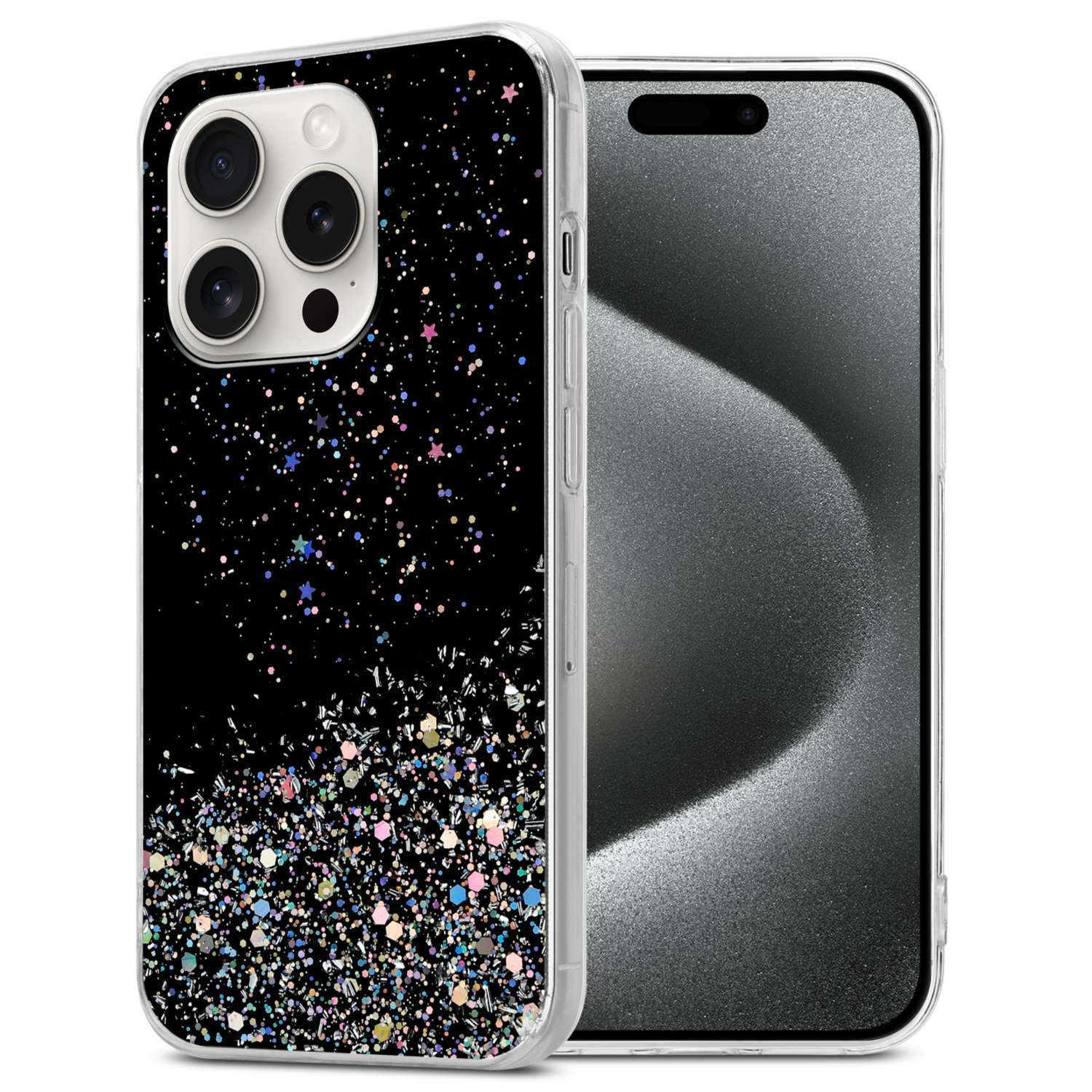 Schwarze Handyhülle mit farbenfrohem Glitzer, bedeckt ein Telefon mit mehreren Kameras, auf Weiß.