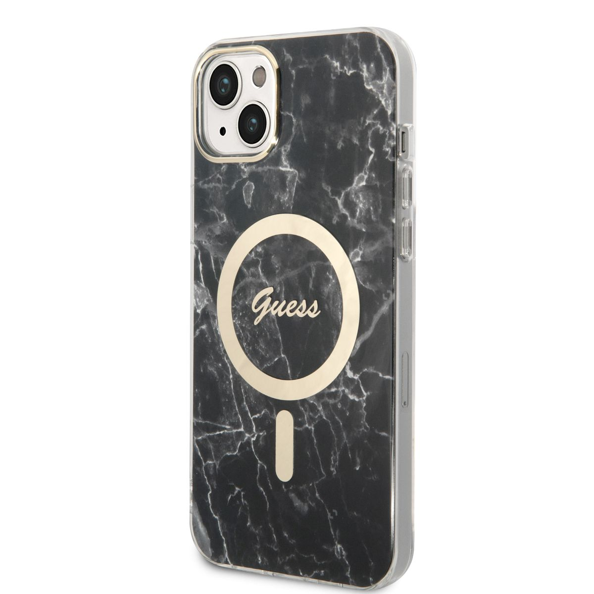 Una custodia per telefono con un design marmorizzato. Il logo Guess è al centro. Il telefono è su una superficie bianca.