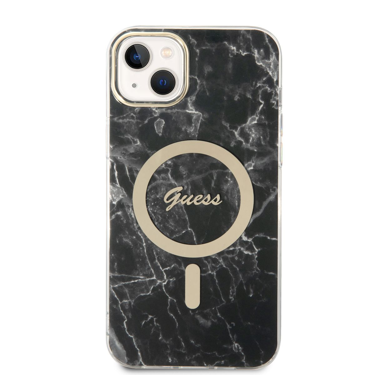 Custodia per iPhone in marmo nero con dettagli dorati e logo Guess.
