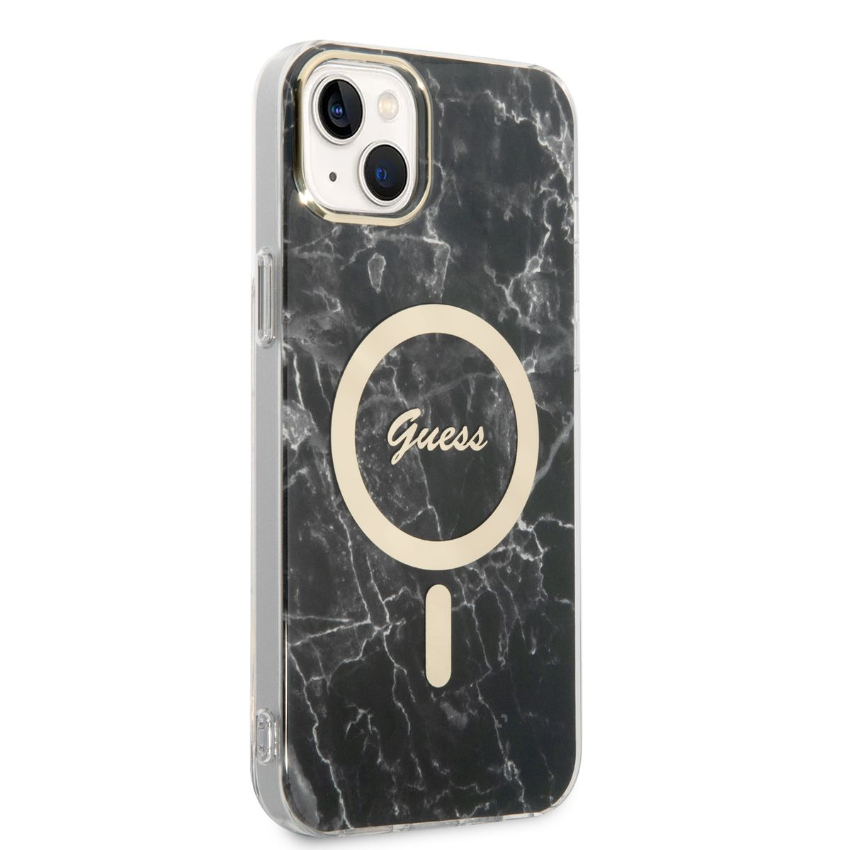 Custodia per telefono nera e marmorizzata. Anello dorato con testo 'Guess'. Custodia esterna trasparente.
