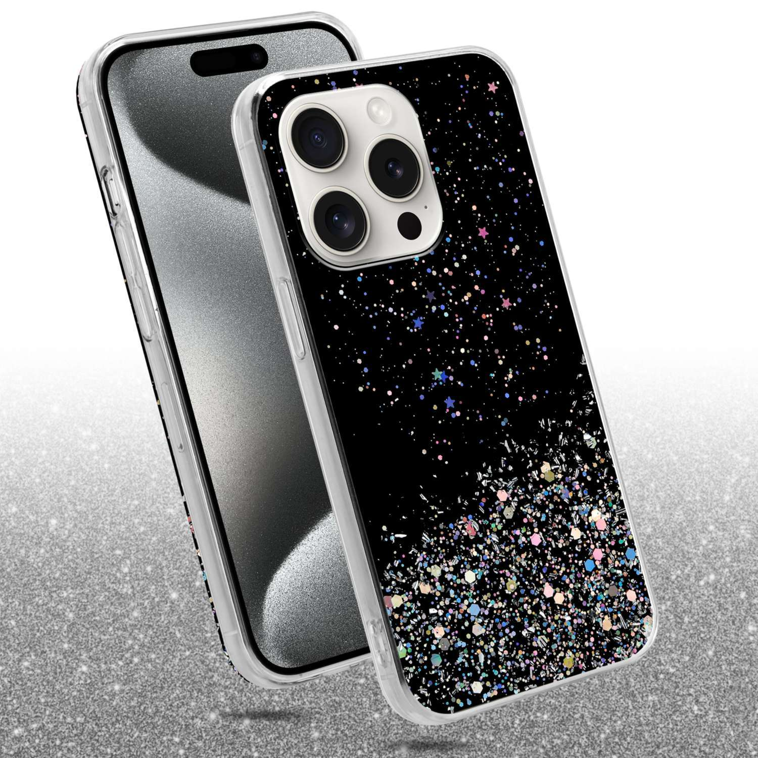 Glitter, CADORABO Backcover, mit PRO, mit Apple, funkelnden Schwarz iPhone Glitter Schutzhülle 15