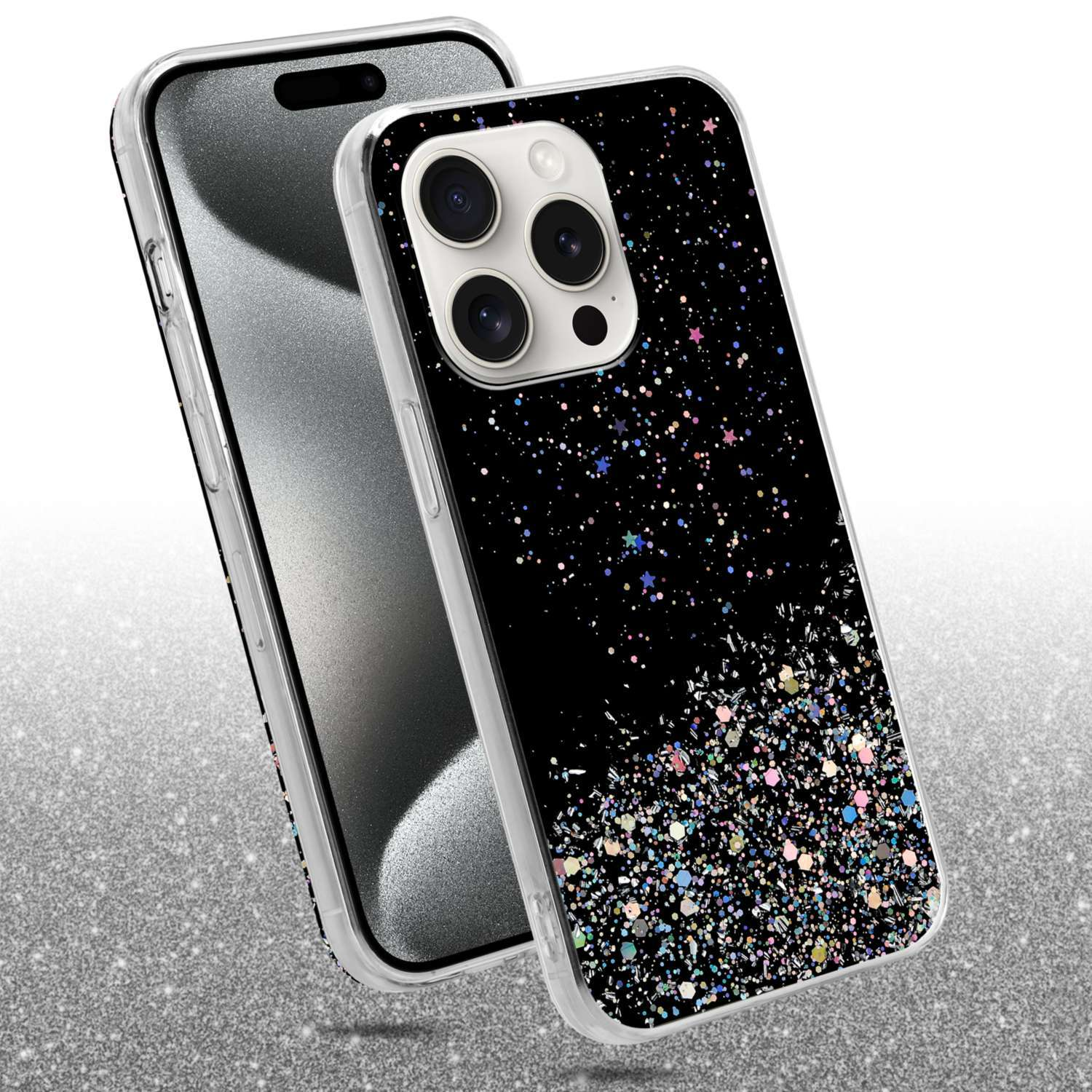 Zwei Telefone, eines in einer schwarzen Glitzerhülle. Die Hülle hat bunten Glitzer und Sterne. Beide Telefone befinden sich auf einer Oberfläche.