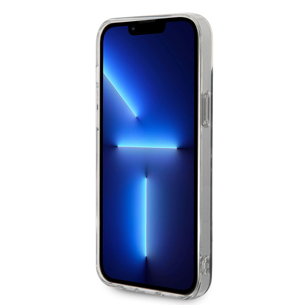Un telefono con una custodia trasparente, che mostra uno schermo con una sfumatura blu.