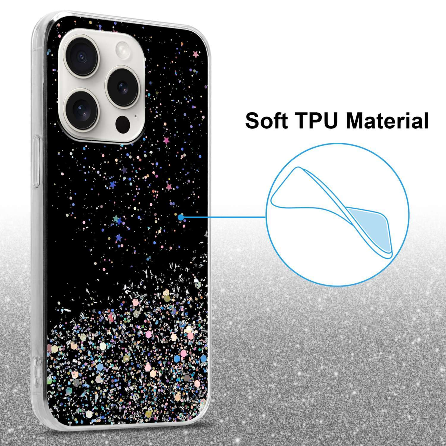 Handyhülle mit schwarzem Glitzermuster und einem Soft-TPU-Materialetikett.