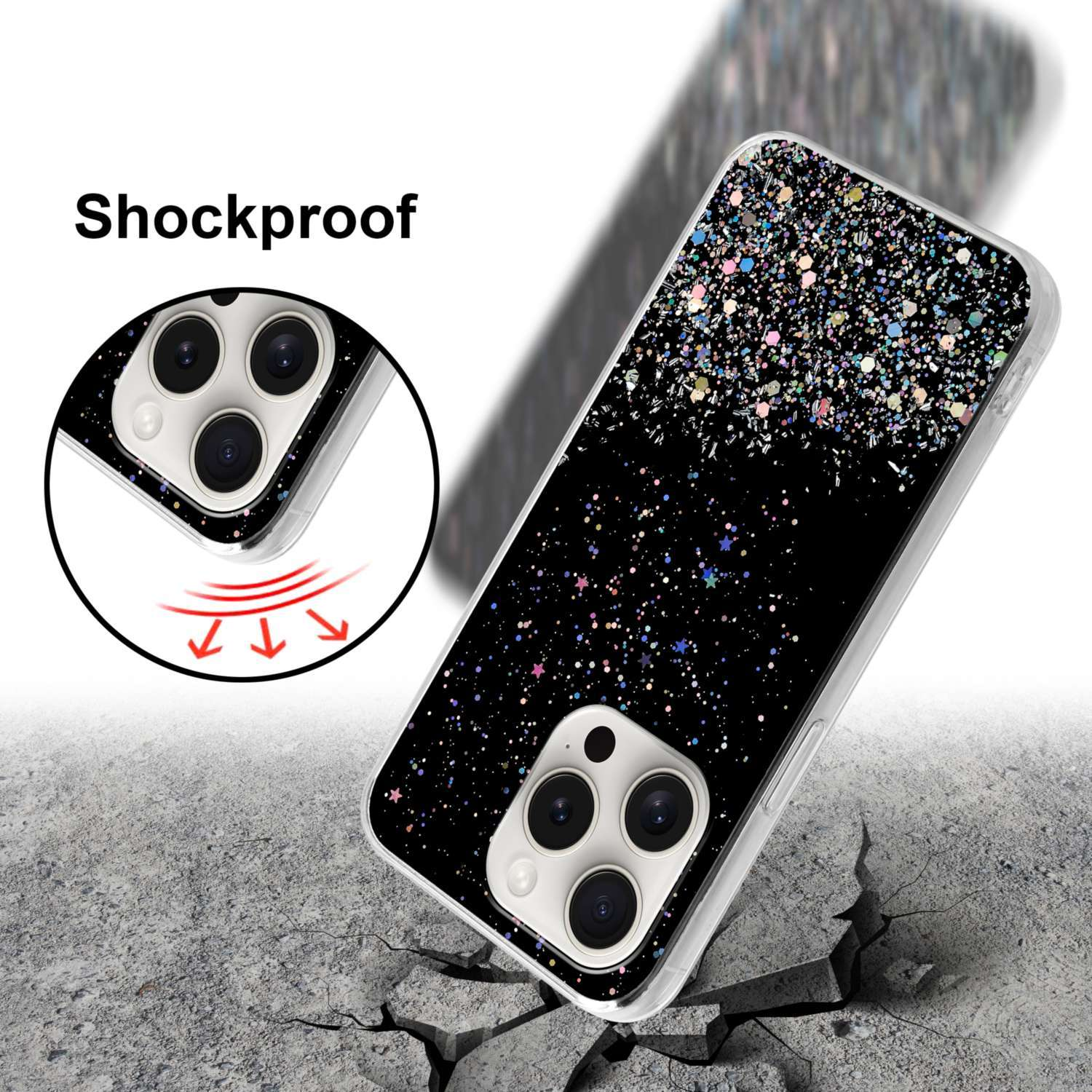 CADORABO Schutzhülle mit iPhone mit Backcover, funkelnden PRO Glitter Schwarz MAX, 15 Glitter, Apple