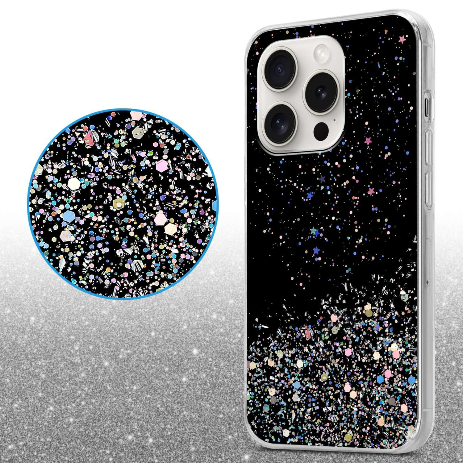 Schwarze Handyhülle mit Glitzerdesign, ein Nahaufnahme-Kreis mit Glitzer und ein Handy.
