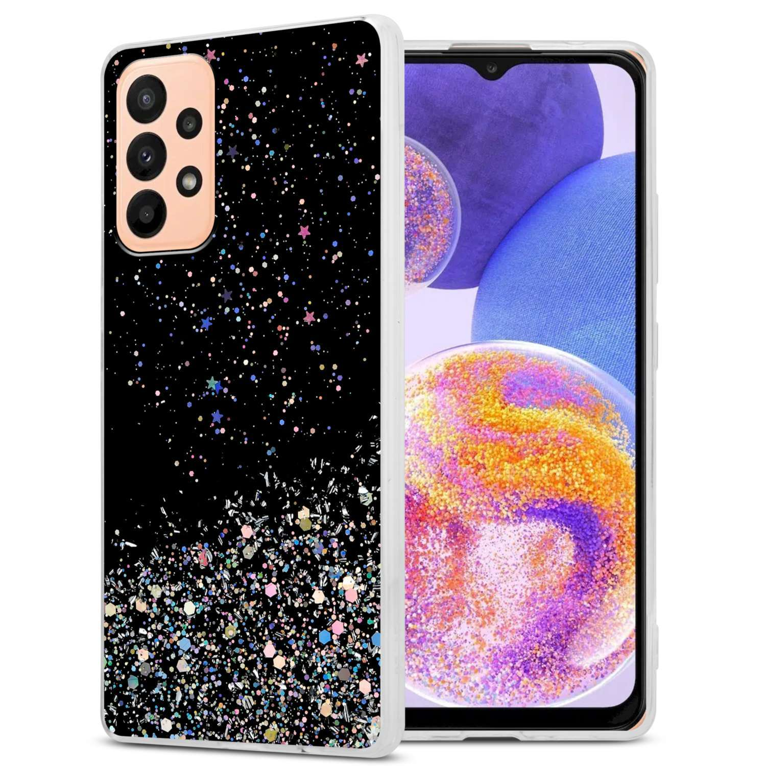 Schwarze Handyhülle mit farbenfrohem Glitzer, bedeckt ein Telefon mit mehreren Kameras, auf Weiß.
