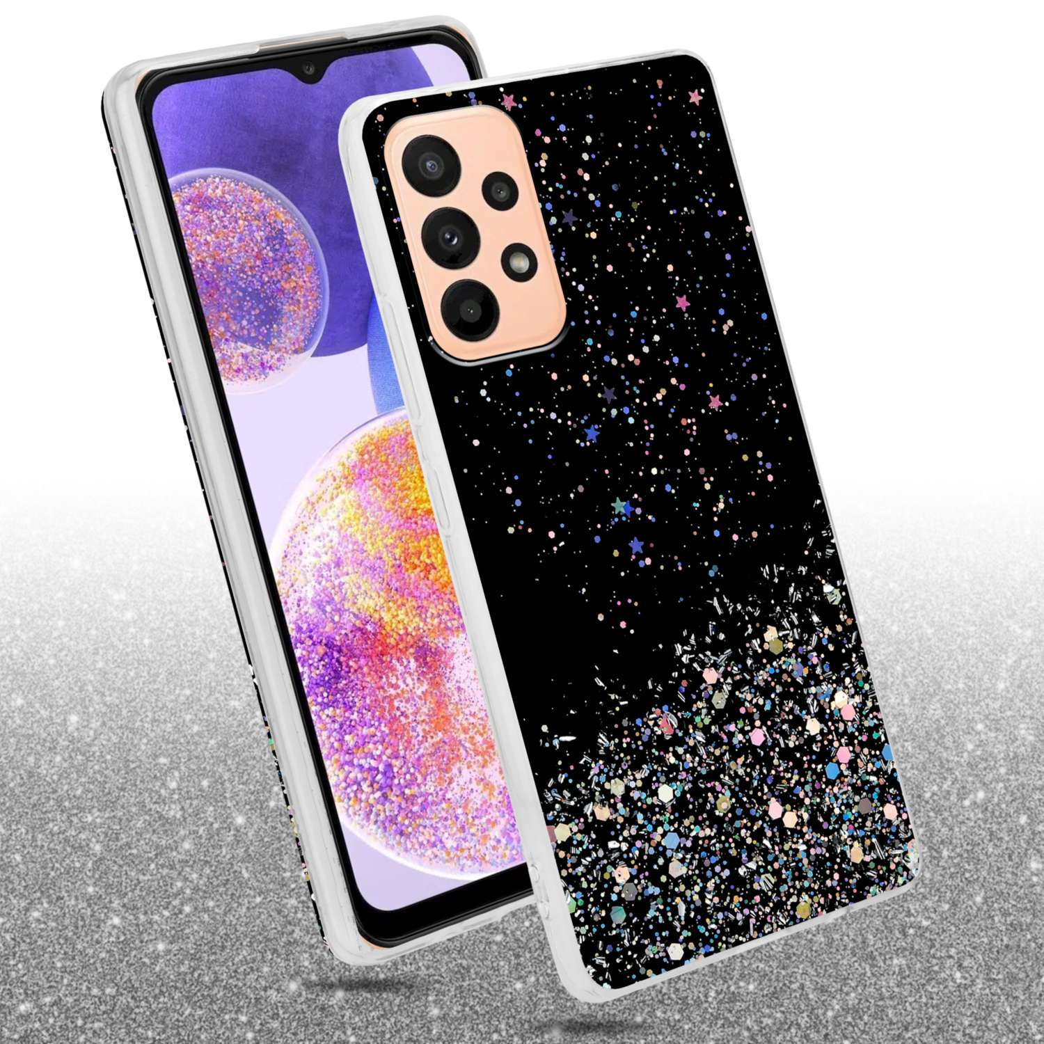 Handyhülle mit schwarzem Glitzer-Design und einem Telefon.