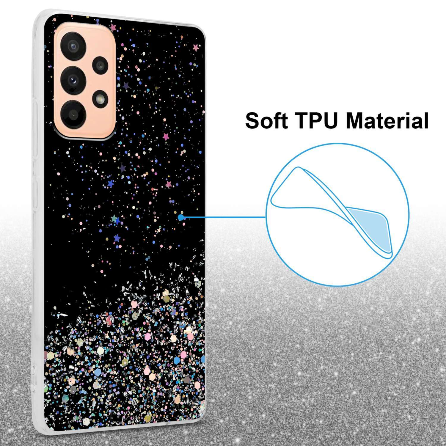 Eine Handyhülle mit schwarzem Hintergrund und Glitzer. Der Text lautet 'Soft TPU Material'.