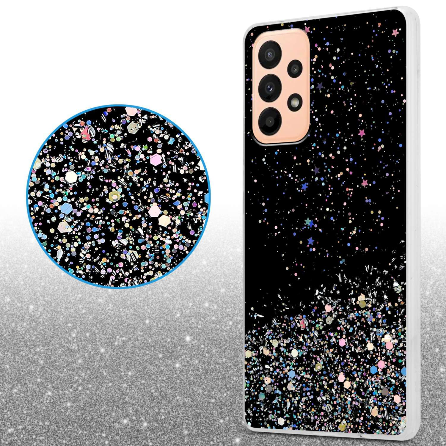 Handyhülle mit Glitzerdesign auf schwarzem Hintergrund, Nahaufnahme enthalten.