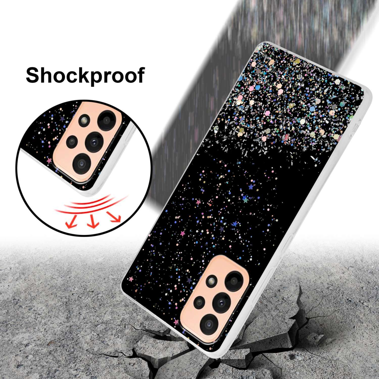 Eine schwarze Handyhülle mit Glitzer. Text: „Stoßfest“ mit Bild eines stürzenden Telefons.