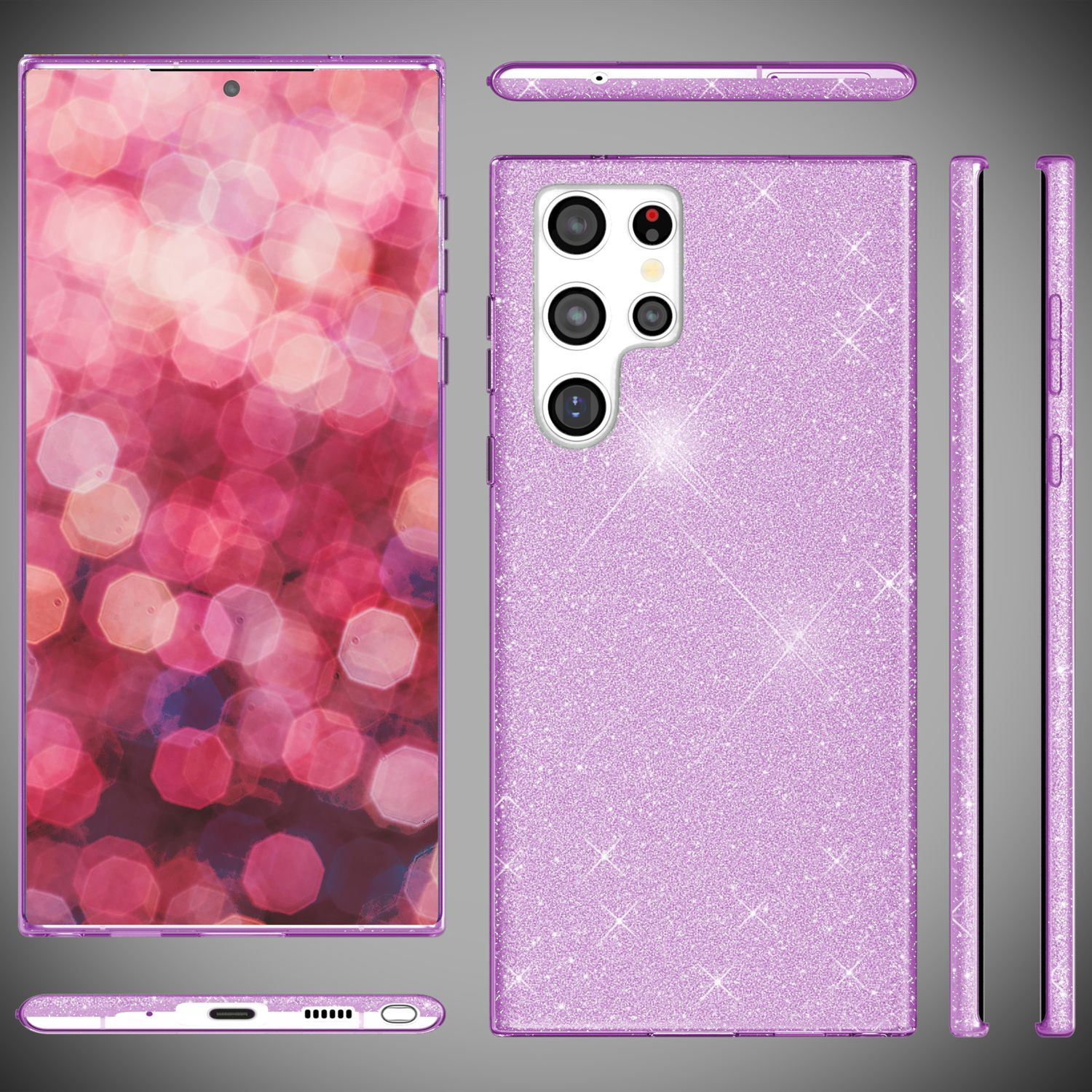 Lila Telefon mit Glitzerhülle. Zeigt Bokeh-Hintergrund auf dem Bildschirm und eine Kameraanordnung auf der Rückseite.